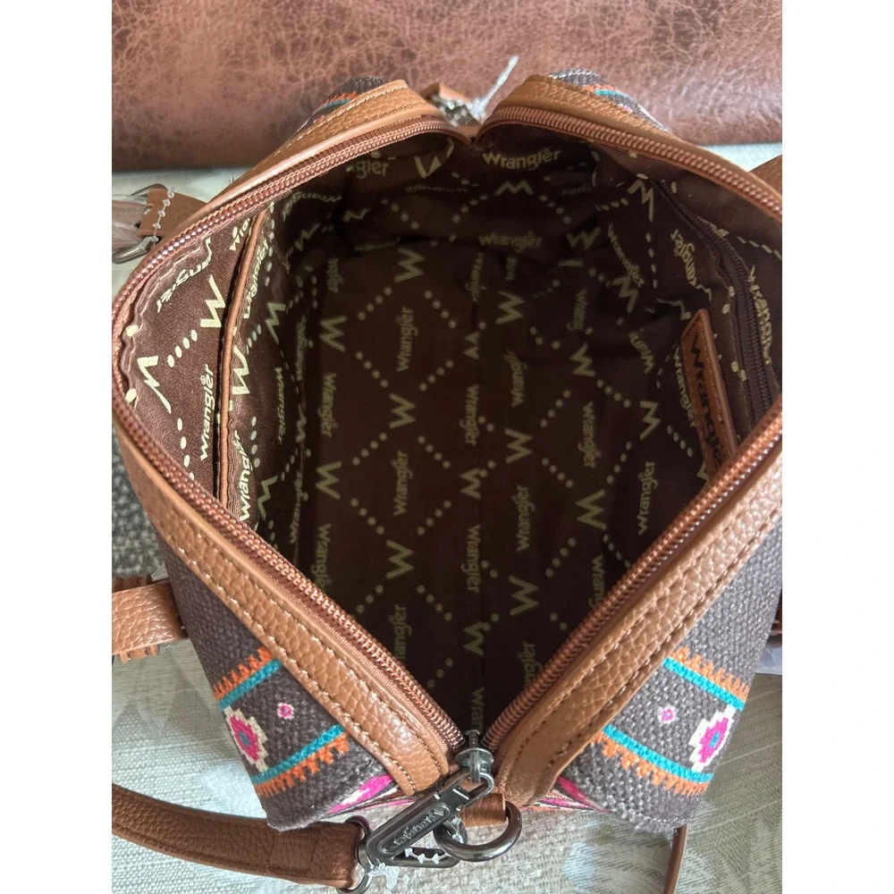 Wrangler Aztec‎ Print Crossbody Satchel Bag Brown Pink Western Barrel Purse